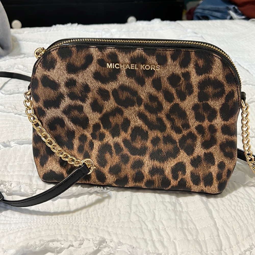 Michael Kors Leopard Print Crossbody Bag with Gold Chain